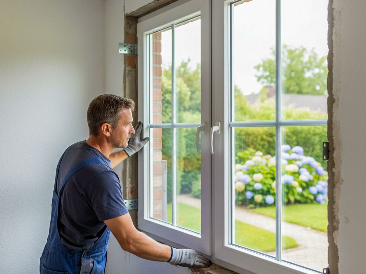 Monteur von RB Montage 24 baut ein neues weißes Kunststofffenster mit Dreifachverglasung in einem Einfamilienhaus ein, im Hintergrund sieht man den Garten durch die geöffnete Fensteröffnung